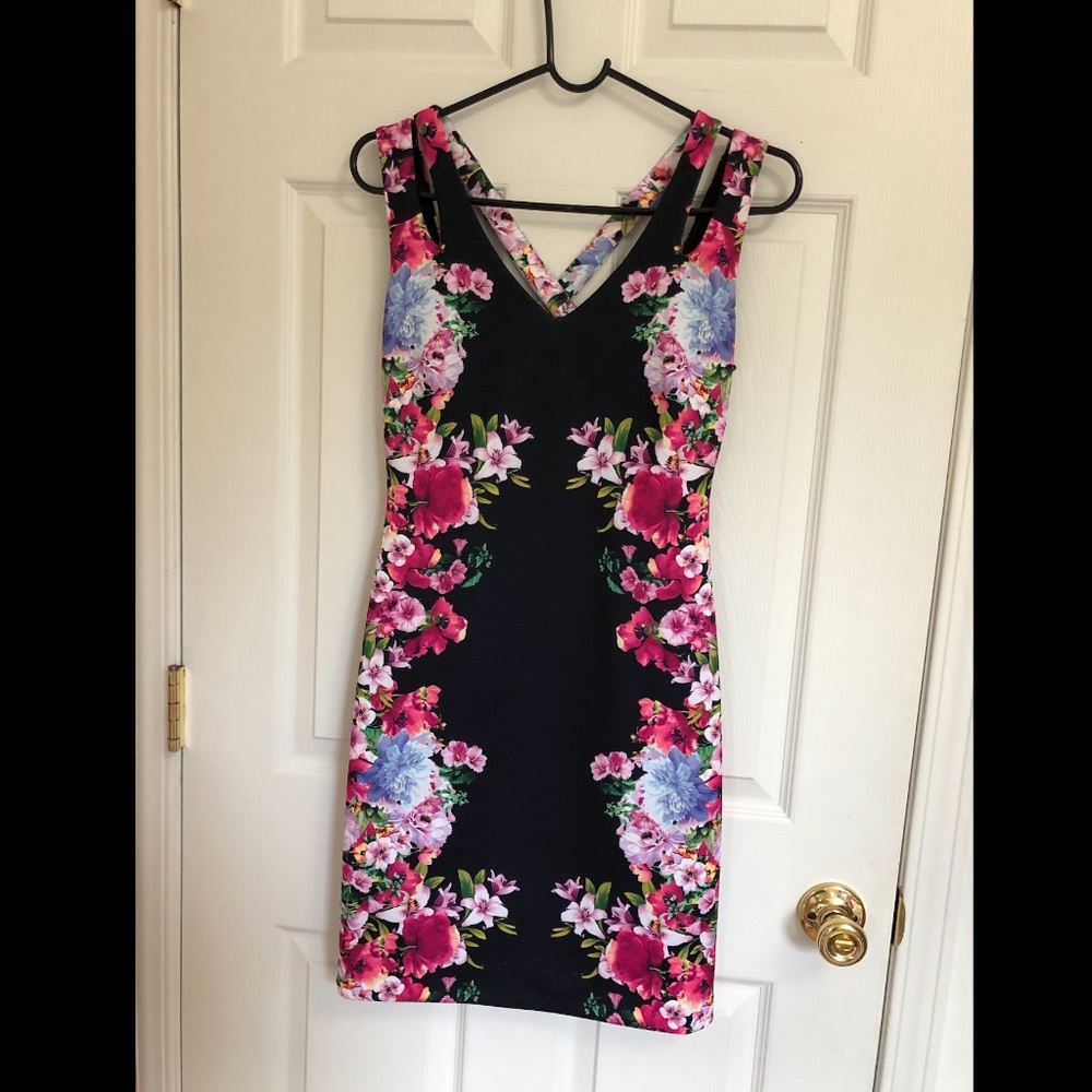 Guess, Floral Midi Dress, Black/Pink, Cross back, Size 2